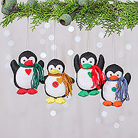 Felt ornaments, 'Festive Penguins' (set of 4) - Set of Four Colorful Felt and Acrylic Penguin Ornaments