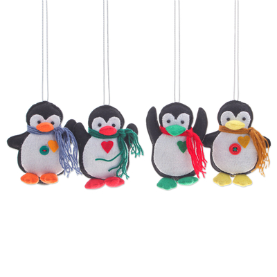 Felt ornaments, 'Festive Penguins' (set of 4) - Set of Four Colorful Felt and Acrylic Penguin Ornaments