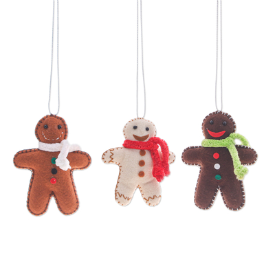 Felt ornaments, 'Gingerbread Celebration' (set of 3) - Set of 3 Christmas-Themed Felt Gingerbread Men Ornaments