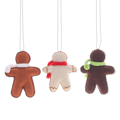 Felt ornaments, 'Gingerbread Celebration' (set of 3) - Set of 3 Christmas-Themed Felt Gingerbread Men Ornaments