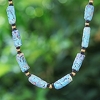 Recycled paper and brass beaded necklace, 'Blue Senses' - Eco-Friendly Blue Recycled Paper and Brass Beaded Necklace