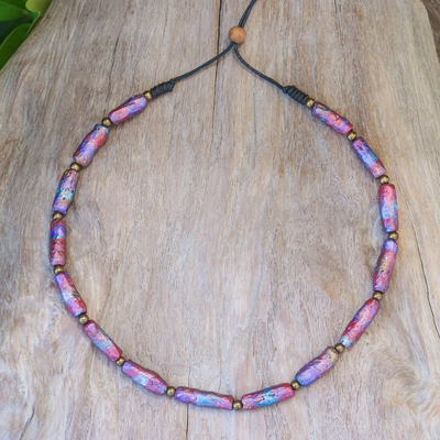 Recycled paper and brass beaded necklace, 'Pink Senses' - Eco-Friendly Pink Recycled Paper and Brass Beaded Necklace