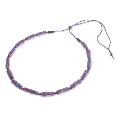 Recycled paper and brass beaded necklace, 'Pink Senses' - Eco-Friendly Pink Recycled Paper and Brass Beaded Necklace