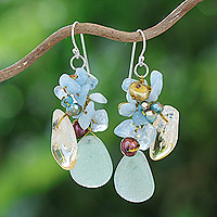 Multi-gemstone beaded cluster dangle earrings, 'Heaven's Jewels' - Blue-Toned Multi-Gemstone Beaded Cluster Dangle Earrings