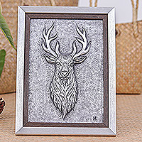 Aluminum relief panel, 'Stag Red Deer' - Aluminum Relief Panel of Male Red Deer for Wall or Tabletop