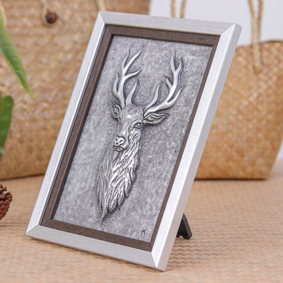 Aluminum relief panel, 'Stag Red Deer' - Aluminum Relief Panel of Male Red Deer for Wall or Tabletop