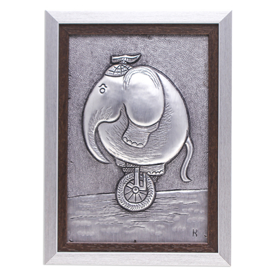 Aluminum relief panel, 'Elephant at Play' - Elephant on Unicycle Wall or Tabletop Aluminum Relief Panel