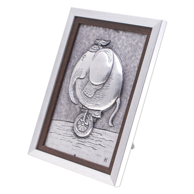 Reliefplatte aus Aluminium - Elefant auf Einrad Wand- oder Tischplatte aus Aluminium-Reliefpaneel