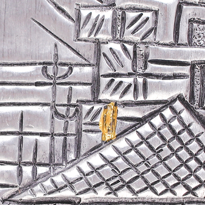 Aluminum relief panel, 'Thai Morning' - Wall Tabletop Aluminum Relief Panel of Buddhist Monk Temple