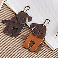 Leather keychains, 'Chocolate Canines' (set of 2) - Set of Two Dog-Themed Leather Keychains in Brown Hues