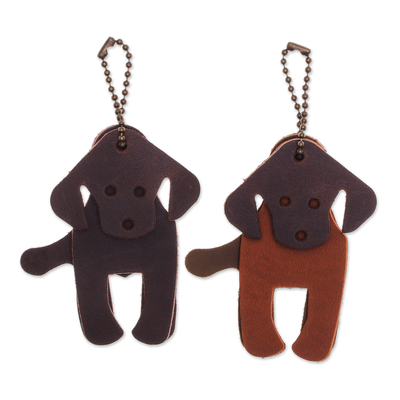 Leather keychains, 'Chocolate Canines' (set of 2) - Set of Two Dog-Themed Leather Keychains in Brown Hues