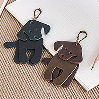 Leather keychains, 'Night Canines' (set of 2) - Set of Two Dog-Themed Leather Keychains in Dark Hues