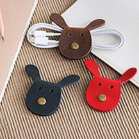 Leather cable ties, 'Energizing Bunnies' (set of 3) - Set of Three Handcrafted Bunny-Shaped Leather Cable Ties
