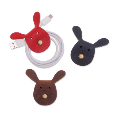 Leather cable ties, 'Energizing Bunnies' (set of 3) - Set of Three Handcrafted Bunny-Shaped Leather Cable Ties