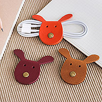 Leather cable ties, 'Vibrant Bunnies' (set of 3) - Set of Three Handmade Bunny-Themed Leather Cable Ties