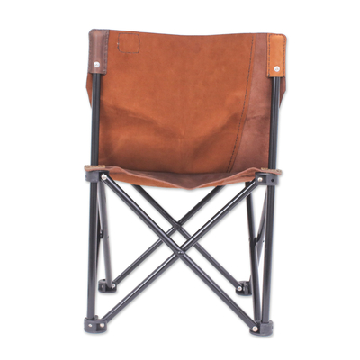Leather folding chair, ‘Forest Comfort’ - Handcrafted Leather and Steel Folding Chair in Orange Hues
