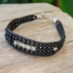 Agate beaded wristband bracelet, 'Sparkling Balance' - Black Agate Beaded Wristband Bracelet with Silver Accents