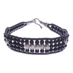 Agate beaded wristband bracelet, 'Sparkling Balance' - Black Agate Beaded Wristband Bracelet with Silver Accents