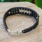 Agate beaded wristband bracelet, 'Sparkling Balance' - Black Agate Beaded Wristband Bracelet with Silver Accents