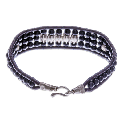 Agate beaded wristband bracelet, 'Sparkling Balance' - Black Agate Beaded Wristband Bracelet with Silver Accents