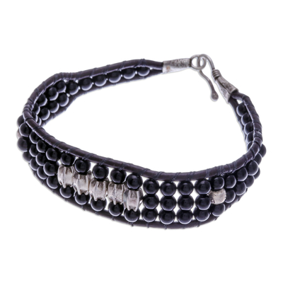Agate beaded wristband bracelet, 'Sparkling Balance' - Black Agate Beaded Wristband Bracelet with Silver Accents