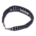 Agate beaded wristband bracelet, 'Sparkling Balance' - Black Agate Beaded Wristband Bracelet with Silver Accents