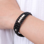 Agate beaded wristband bracelet, 'Sparkling Balance' - Black Agate Beaded Wristband Bracelet with Silver Accents
