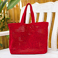 Crocheted cotton handbag, 'Everyday Cerise' - Crocheted Minimalist Cotton Handbag in Cerise Hues