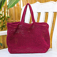 Crocheted cotton handbag, 'Everyday Bordeaux' - Crocheted Minimalist Cotton Handbag in Bordeaux Hues
