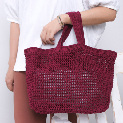 Crocheted cotton handbag, 'Everyday Bordeaux' - Crocheted Minimalist Cotton Handbag in Bordeaux Hues