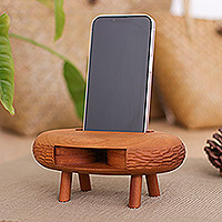 Altavoz de teléfono de madera, 'Ovoid Traces' - Altavoz de teléfono de madera de teca ovoide tallado a mano de Tailandia