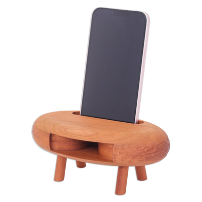 Wood phone speaker, 'Ovoid Traces' - Hand-Carved Ovoid Teak Wood Phone Speaker from Thailand