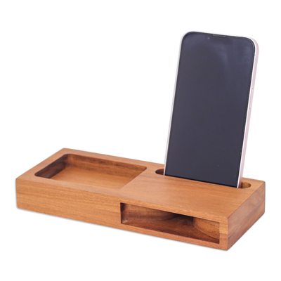 Altavoz de teca para teléfono - Altavoz para teléfono de madera de teca natural tallada a mano con compartimento
