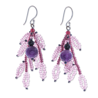 Multi-gemstone beaded dangle earrings, 'Chic Style' - Dangle Earrings with Amethyst Agate Garnet & Silver Hooks