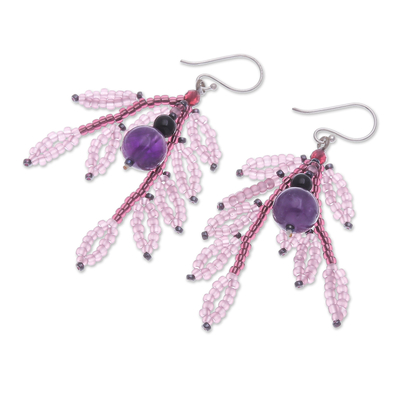 Multi-gemstone beaded dangle earrings, 'Chic Style' - Dangle Earrings with Amethyst Agate Garnet & Silver Hooks