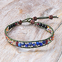Multi-gemstone beaded wristband bracelet, 'Vibrant Palette' - Beaded Wristband Bracelet with Lapis Lazuli Garnet & Agate