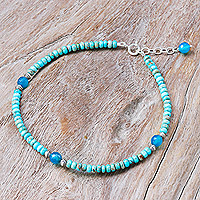 Reconstituted turquoise and chalcedony beaded anklet, 'Stylish Blue'