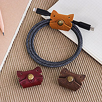 Leather cable ties, 'Vigorous Felines' (set of 3) - Set of Three Handcrafted Cat-Shaped Leather Cable Ties