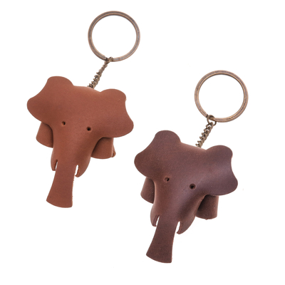 Leather keychains, 'Chocolate Trunks' (set of 2) - Set of Two Elephant-Themed Leather Keychains in Brown Hues