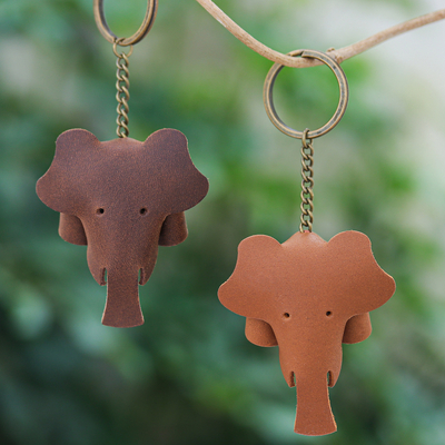 Leather keychains, 'Chocolate Trunks' (set of 2) - Set of Two Elephant-Themed Leather Keychains in Brown Hues