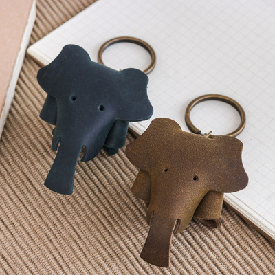 Leather keychains, 'Night Trunks' (set of 2) - Set of Two Elephant-Themed Leather Keychains in Dark Hues
