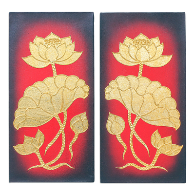(díptico) - Díptico de arte popular tailandés en acrílico y lámina con motivo de loto