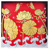 'Lotus Garden' - Thai Folk Art Acrylic and Foil Painting with Lotus Motif