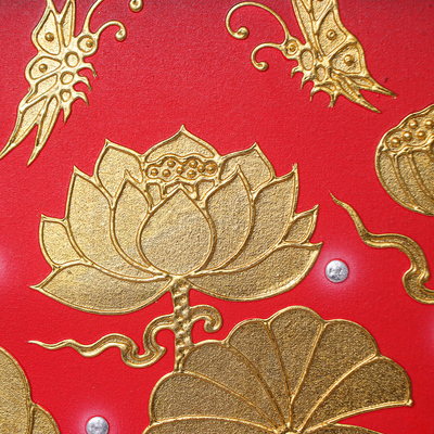 'Lotus Garden' - Pintura acrílica y lámina de arte popular tailandés con motivo de loto