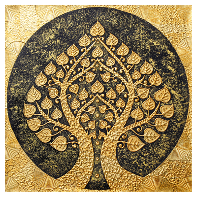 'Bodhi Leaf' - Arte popular tailandés Acrílico y papel de aluminio Representación del árbol Bodhi