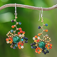 Multi-gemstone beaded dangle earrings, 'Sunset Atoms' - Sunset-Toned Multi-Gemstone Beaded Dangle Earrings