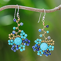 Howlite and lapis lazuli beaded dangle earrings, 'Aquatic Atoms'