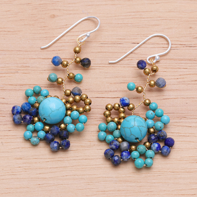 Howlite and lapis lazuli beaded dangle earrings, 'Aquatic Atoms' - Blue-Toned Howlite and Lapis Lazuli Beaded Dangle Earrings