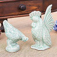 Celadon ceramic figurines, 'Japanese Rooster & Hen' (pair) - 2 Handcrafted Green Celadon Ceramic Rooster & Hen Figurines