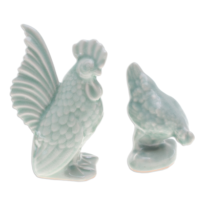 Celadon-Keramikfiguren, (Paar) - 2 handgefertigte Hahn- und Hühnerfiguren aus grüner Seladon-Keramik